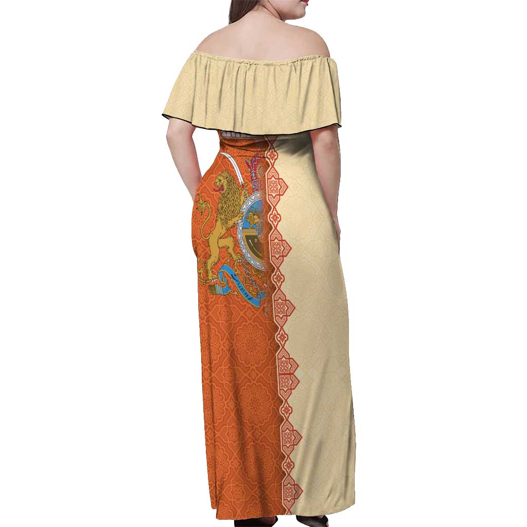 Iran Heritage Off Shoulder Maxi Dress with Traditional Pattern and Royal Emblem Design