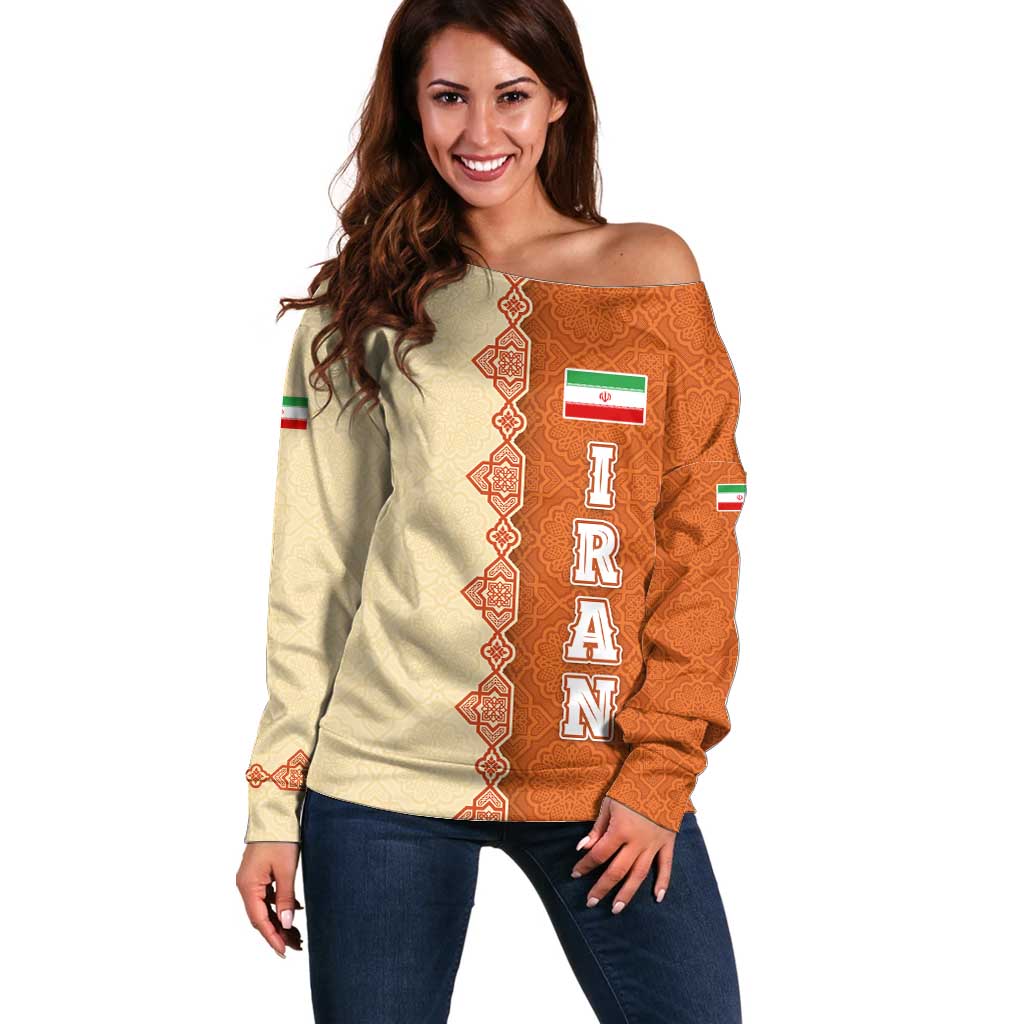 Iran Heritage Off Shoulder Sweater with Traditional Pattern and Royal Emblem Design