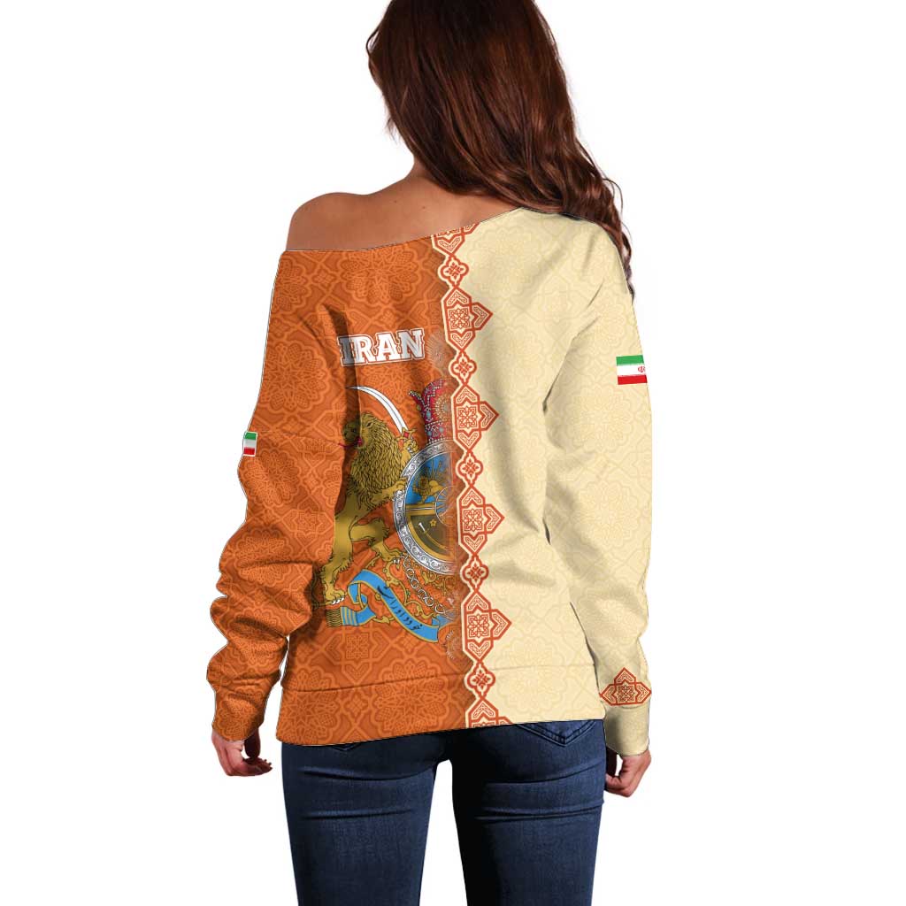Iran Heritage Off Shoulder Sweater with Traditional Pattern and Royal Emblem Design