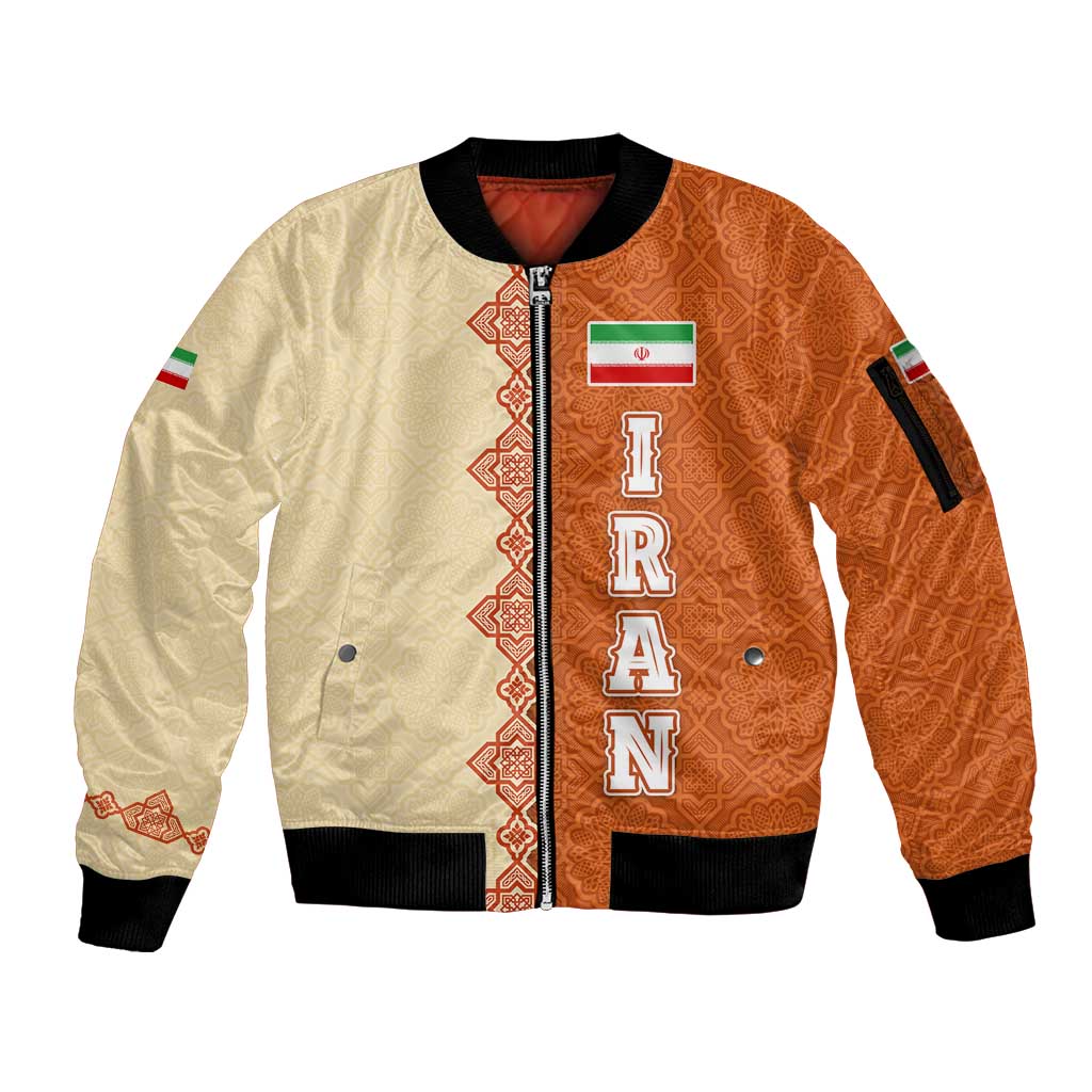 Iran Heritage Sleeve Zip Bomber Jacket with Traditional Pattern and Royal Emblem Design