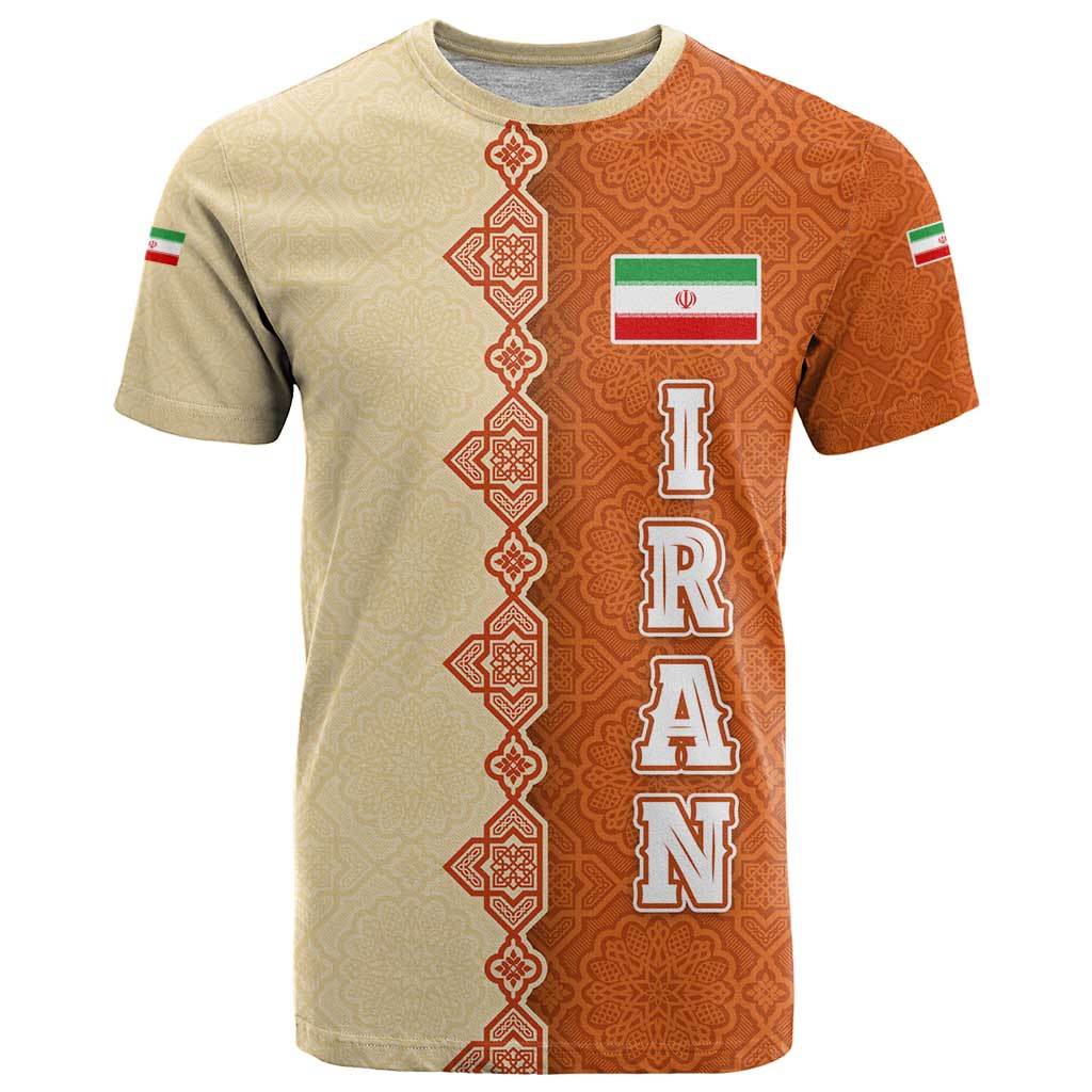Iran Heritage T Shirt with Traditional Pattern and Royal Emblem Design
