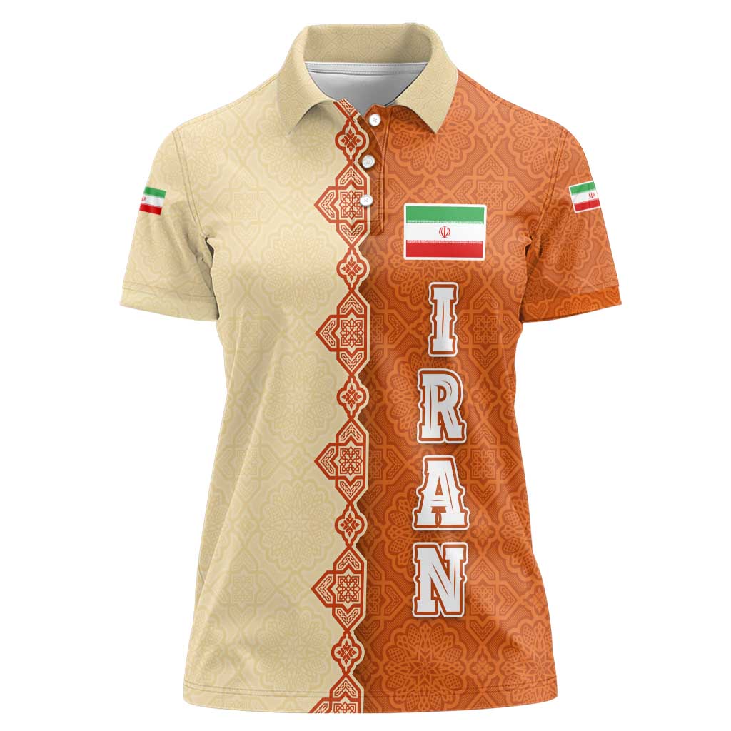 Iran Heritage Women Polo Shirt with Traditional Pattern and Royal Emblem Design