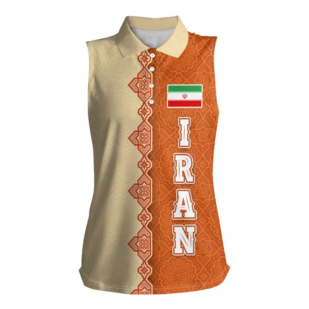 Iran Heritage Women Sleeveless Polo Shirt with Traditional Pattern and Royal Emblem Design