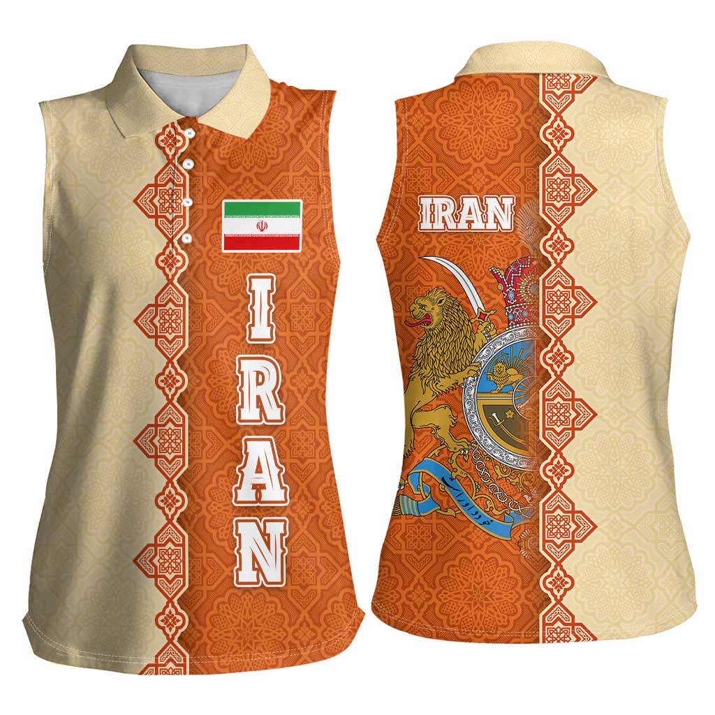 Iran Heritage Women Sleeveless Polo Shirt with Traditional Pattern and Royal Emblem Design
