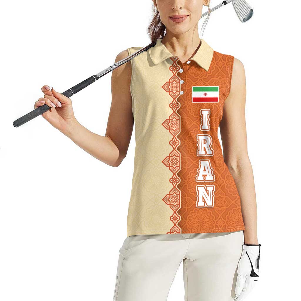 Iran Heritage Women Sleeveless Polo Shirt with Traditional Pattern and Royal Emblem Design