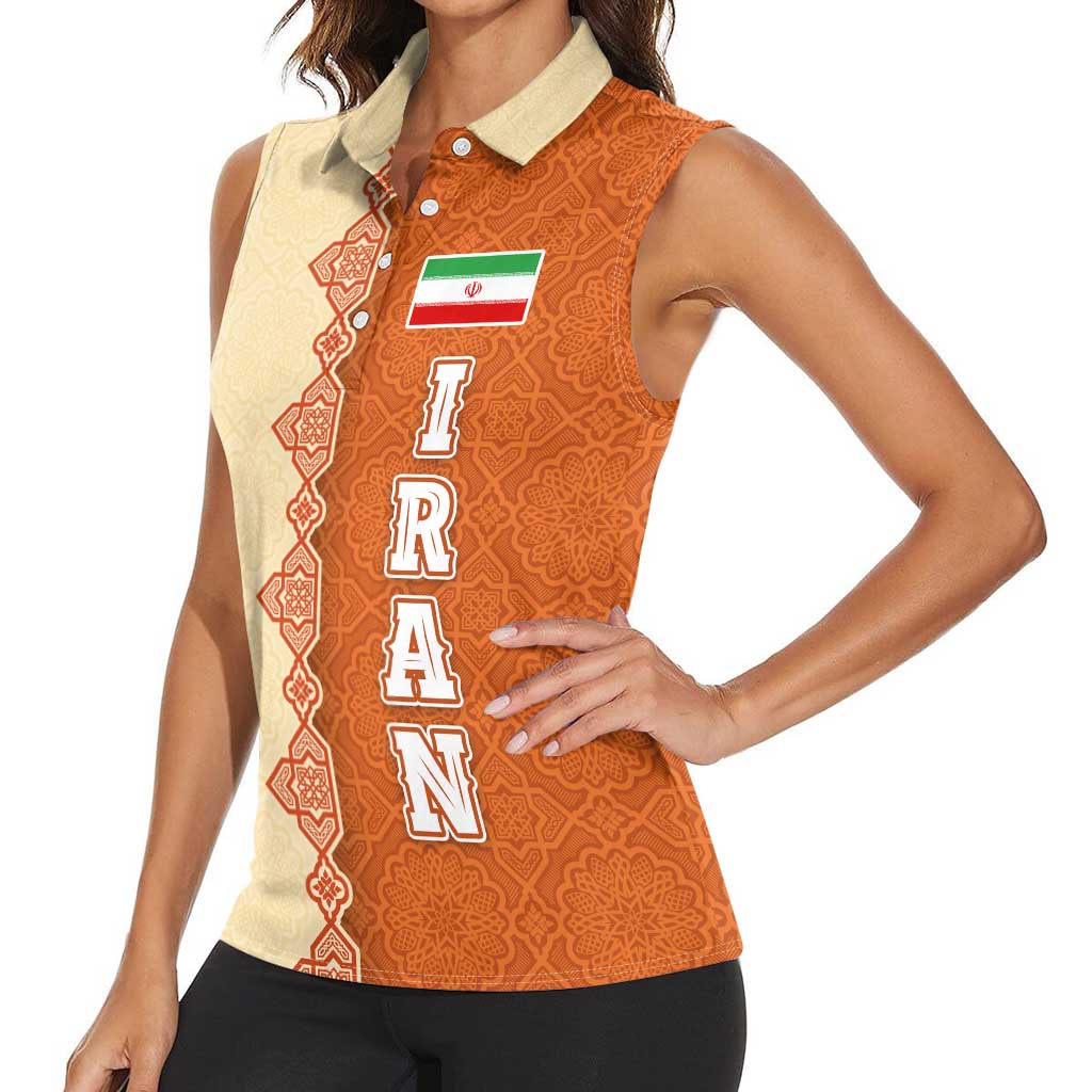 Iran Heritage Women Sleeveless Polo Shirt with Traditional Pattern and Royal Emblem Design