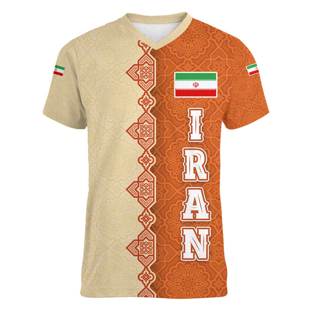 Iran Heritage Women V-Neck T-Shirt with Traditional Pattern and Royal Emblem Design