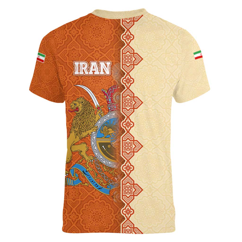 Iran Heritage Women V-Neck T-Shirt with Traditional Pattern and Royal Emblem Design