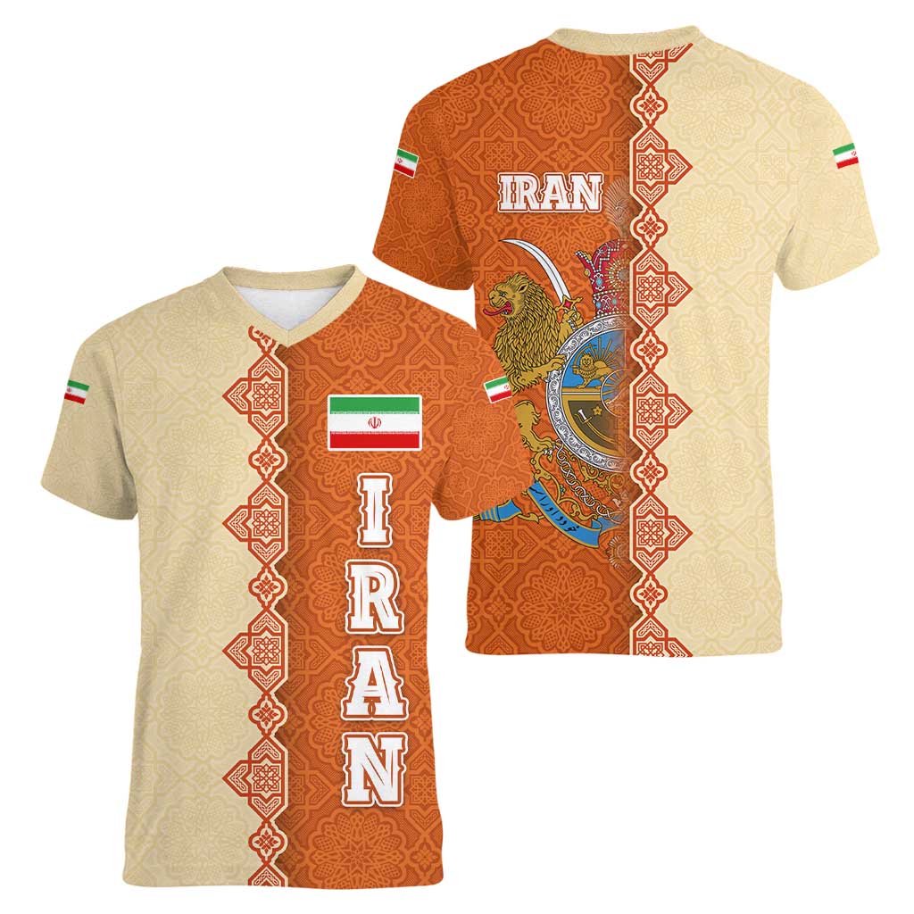 Iran Heritage Women V-Neck T-Shirt with Traditional Pattern and Royal Emblem Design