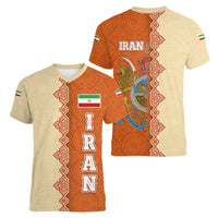 Iran Heritage Women V-Neck T-Shirt with Traditional Pattern and Royal Emblem Design