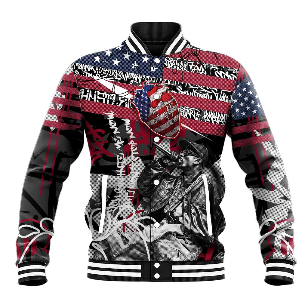 Hip Hop Graffiti Baseball Jacket with Rapper Portrait and American Flag Street Art - Wonder Print Shop