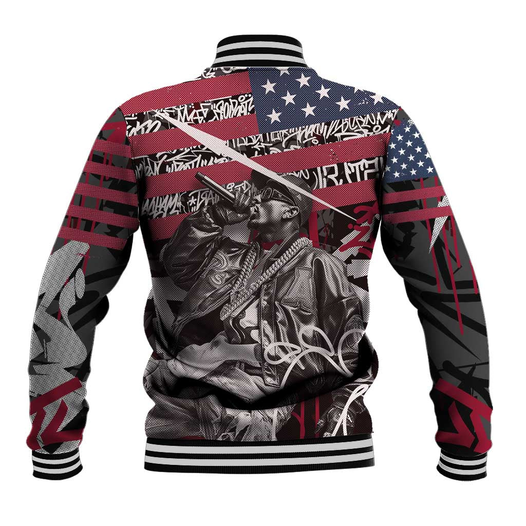 Hip Hop Graffiti Baseball Jacket with Rapper Portrait and American Flag Street Art - Wonder Print Shop