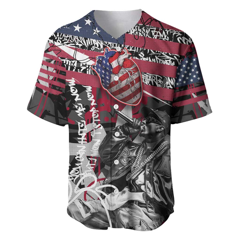 Hip Hop Graffiti Baseball Jersey with Rapper Portrait and American Flag Street Art - Wonder Print Shop