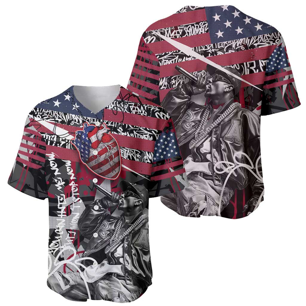 Hip Hop Graffiti Baseball Jersey with Rapper Portrait and American Flag Street Art - Wonder Print Shop