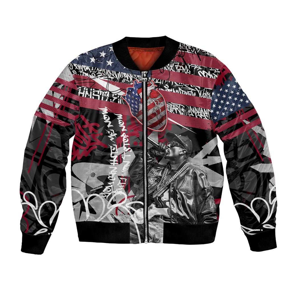 Hip Hop Graffiti Bomber Jacket with Rapper Portrait and American Flag Street Art - Wonder Print Shop
