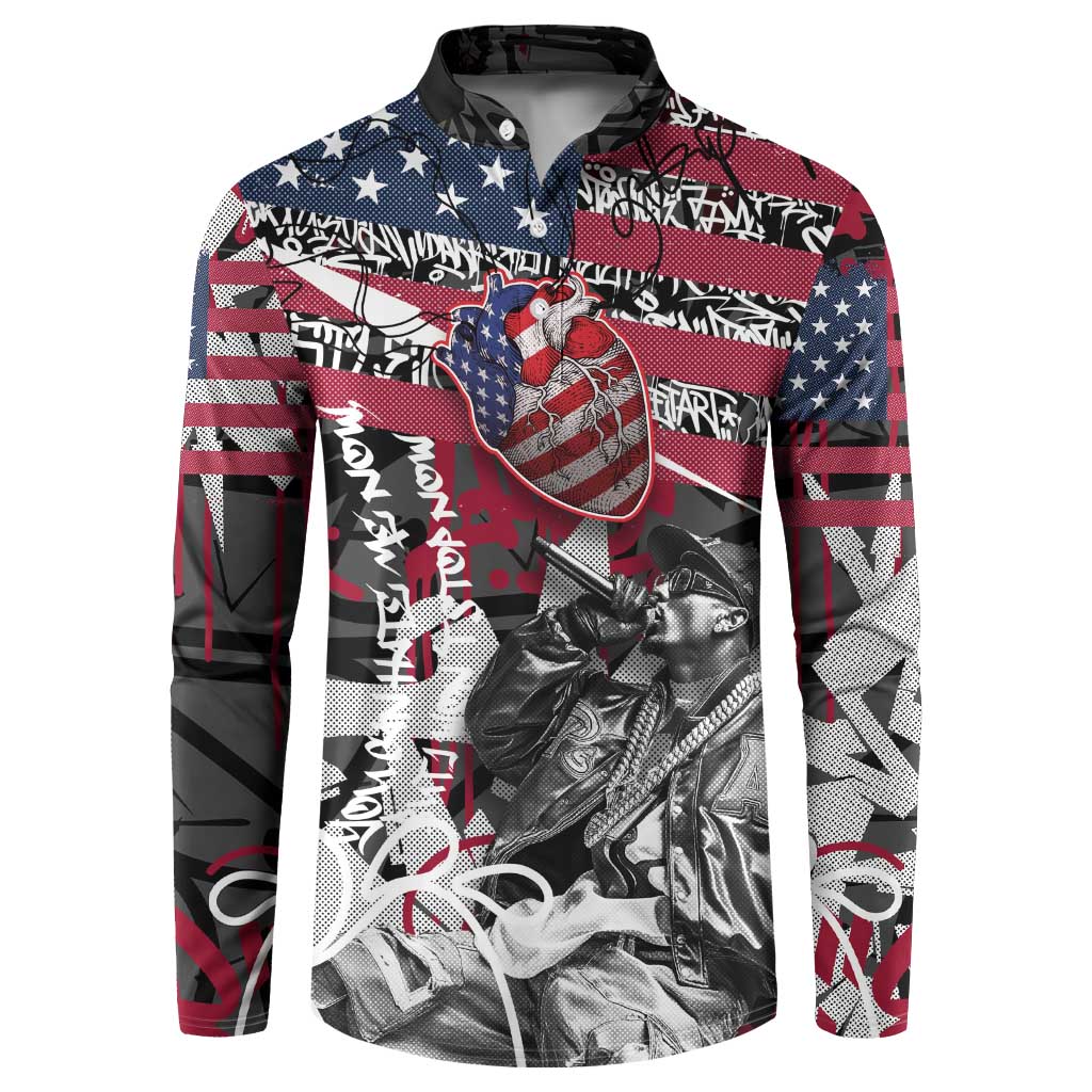 Hip Hop Graffiti Button Sweatshirt with Rapper Portrait and American Flag Street Art - Wonder Print Shop