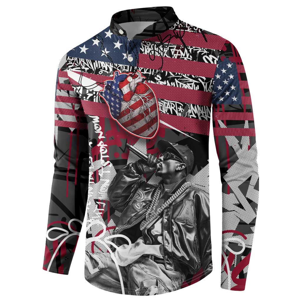 Hip Hop Graffiti Button Sweatshirt with Rapper Portrait and American Flag Street Art - Wonder Print Shop