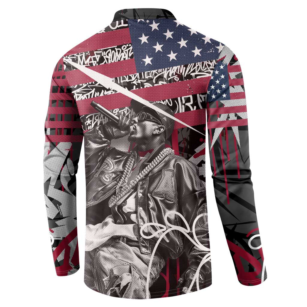 Hip Hop Graffiti Button Sweatshirt with Rapper Portrait and American Flag Street Art - Wonder Print Shop