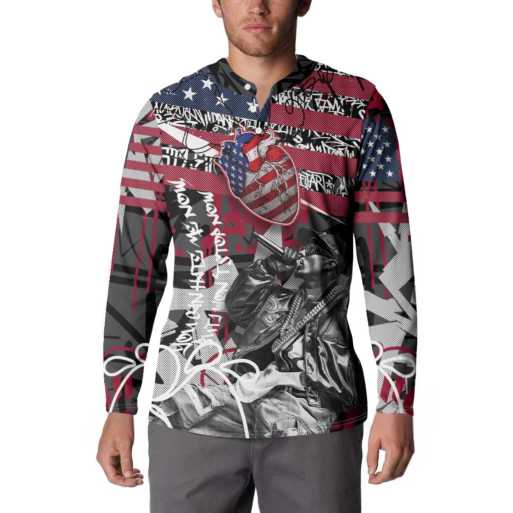 Hip Hop Graffiti Button Sweatshirt with Rapper Portrait and American Flag Street Art - Wonder Print Shop