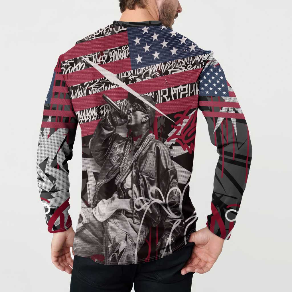 Hip Hop Graffiti Button Sweatshirt with Rapper Portrait and American Flag Street Art - Wonder Print Shop