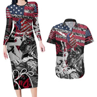 Hip Hop Graffiti Couples Matching Long Sleeve Bodycon Dress and Hawaiian Shirt with Rapper Portrait and American Flag Street Art - Wonder Print Shop