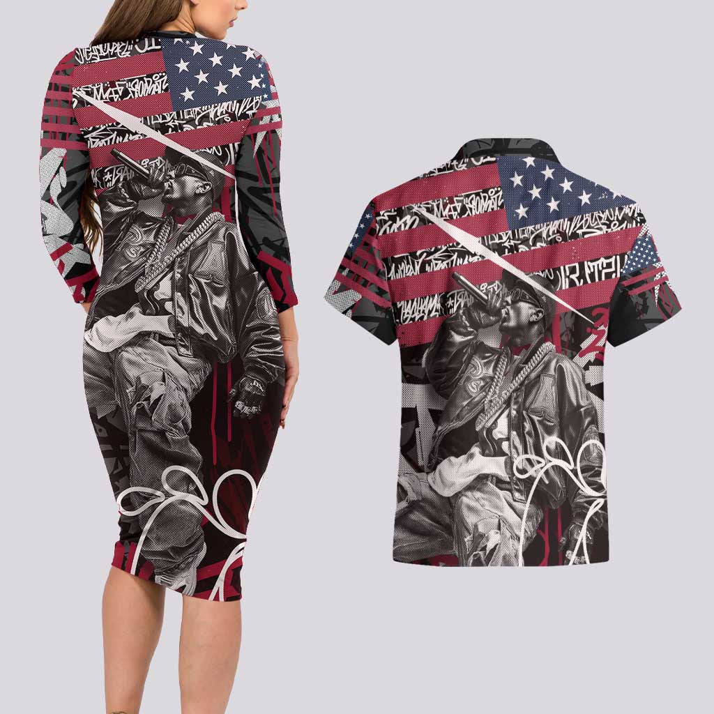 Hip Hop Graffiti Couples Matching Long Sleeve Bodycon Dress and Hawaiian Shirt with Rapper Portrait and American Flag Street Art - Wonder Print Shop