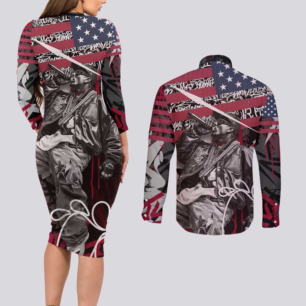 Hip Hop Graffiti Couples Matching Long Sleeve Bodycon Dress and Long Sleeve Button Shirt with Rapper Portrait and American Flag Street Art - Wonder Print Shop