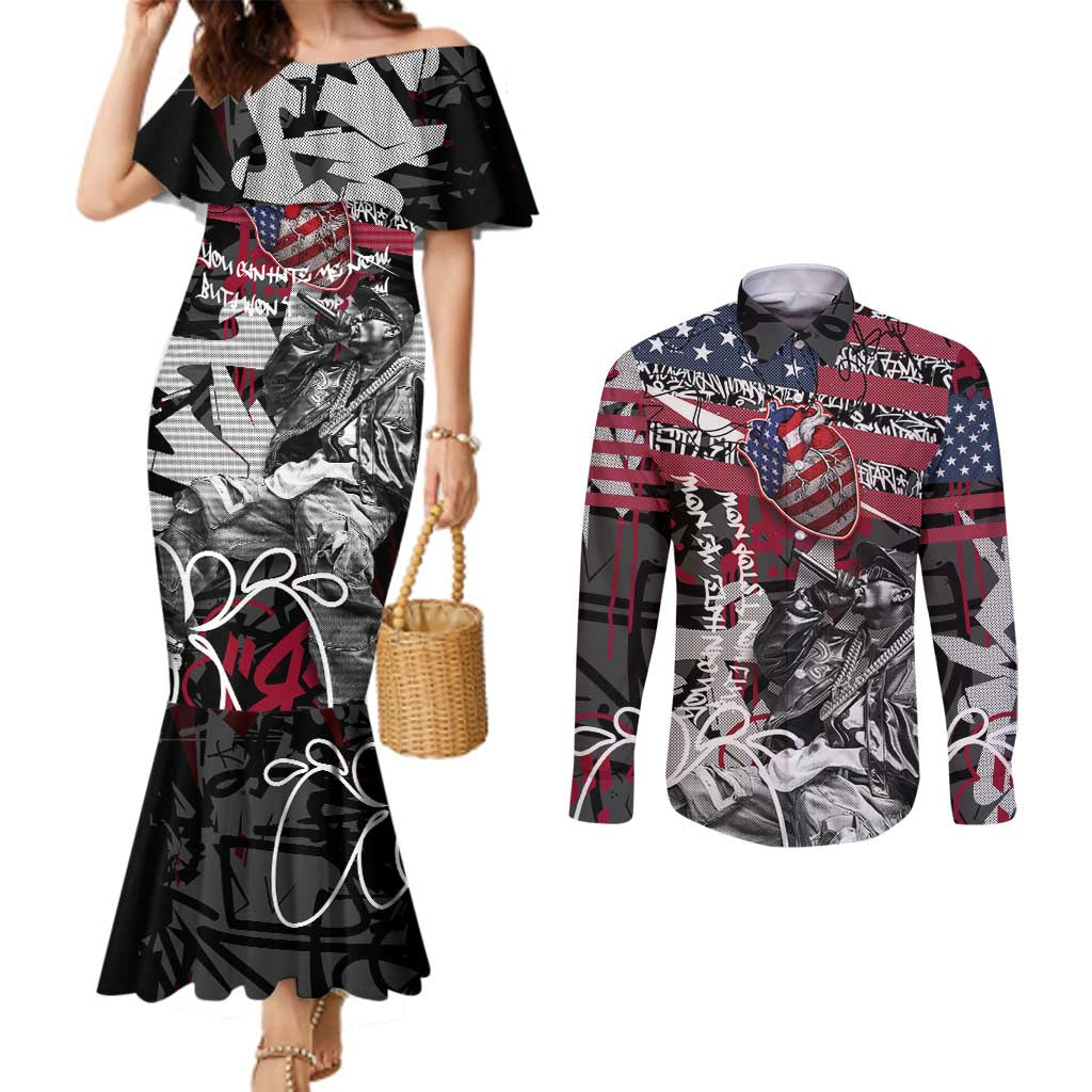 Hip Hop Graffiti Couples Matching Mermaid Dress and Long Sleeve Button Shirt with Rapper Portrait and American Flag Street Art - Wonder Print Shop