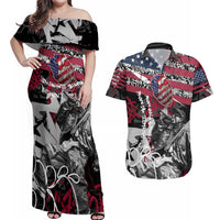 Hip Hop Graffiti Couples Matching Off Shoulder Maxi Dress and Hawaiian Shirt with Rapper Portrait and American Flag Street Art - Wonder Print Shop