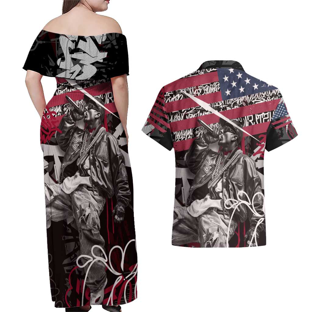 Hip Hop Graffiti Couples Matching Off Shoulder Maxi Dress and Hawaiian Shirt with Rapper Portrait and American Flag Street Art - Wonder Print Shop