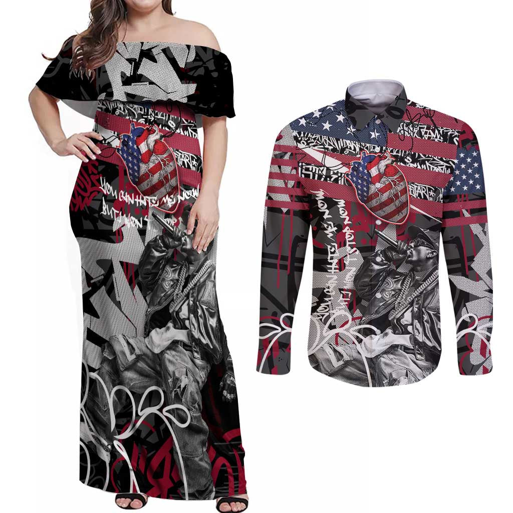 Hip Hop Graffiti Couples Matching Off Shoulder Maxi Dress and Long Sleeve Button Shirt with Rapper Portrait and American Flag Street Art - Wonder Print Shop