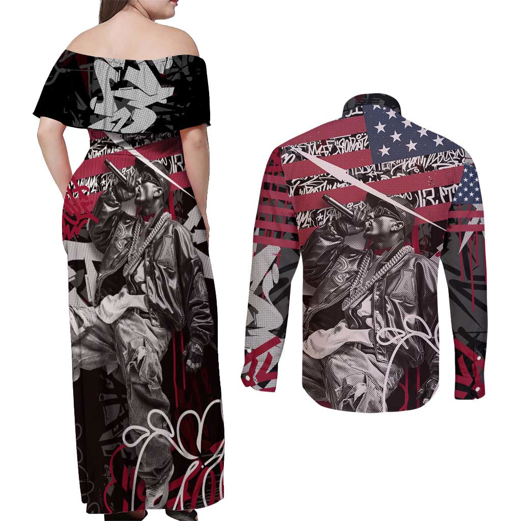 Hip Hop Graffiti Couples Matching Off Shoulder Maxi Dress and Long Sleeve Button Shirt with Rapper Portrait and American Flag Street Art - Wonder Print Shop