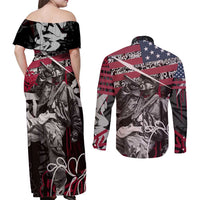 Hip Hop Graffiti Couples Matching Off Shoulder Maxi Dress and Long Sleeve Button Shirt with Rapper Portrait and American Flag Street Art - Wonder Print Shop