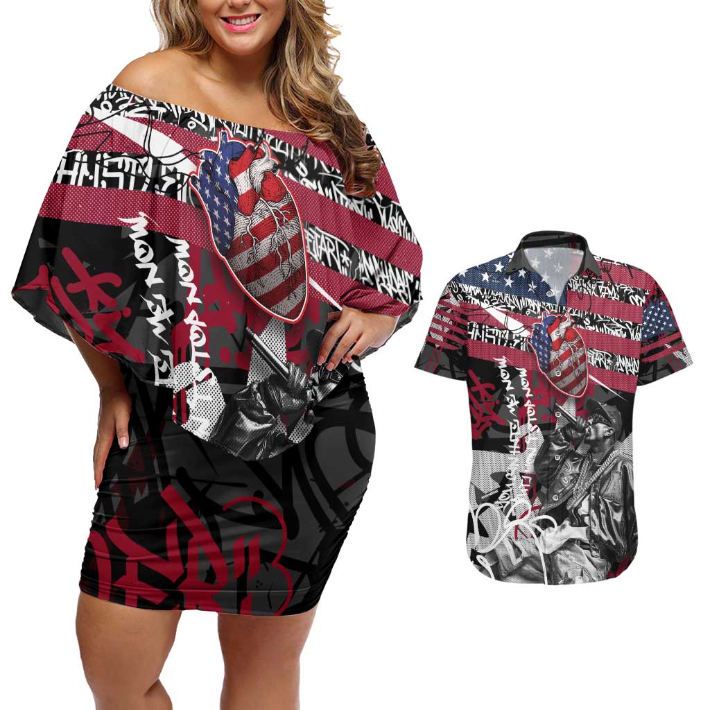 Hip Hop Graffiti Couples Matching Off Shoulder Short Dress and Hawaiian Shirt with Rapper Portrait and American Flag Street Art - Wonder Print Shop
