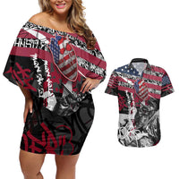 Hip Hop Graffiti Couples Matching Off Shoulder Short Dress and Hawaiian Shirt with Rapper Portrait and American Flag Street Art - Wonder Print Shop