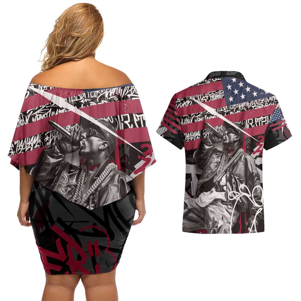 Hip Hop Graffiti Couples Matching Off Shoulder Short Dress and Hawaiian Shirt with Rapper Portrait and American Flag Street Art - Wonder Print Shop