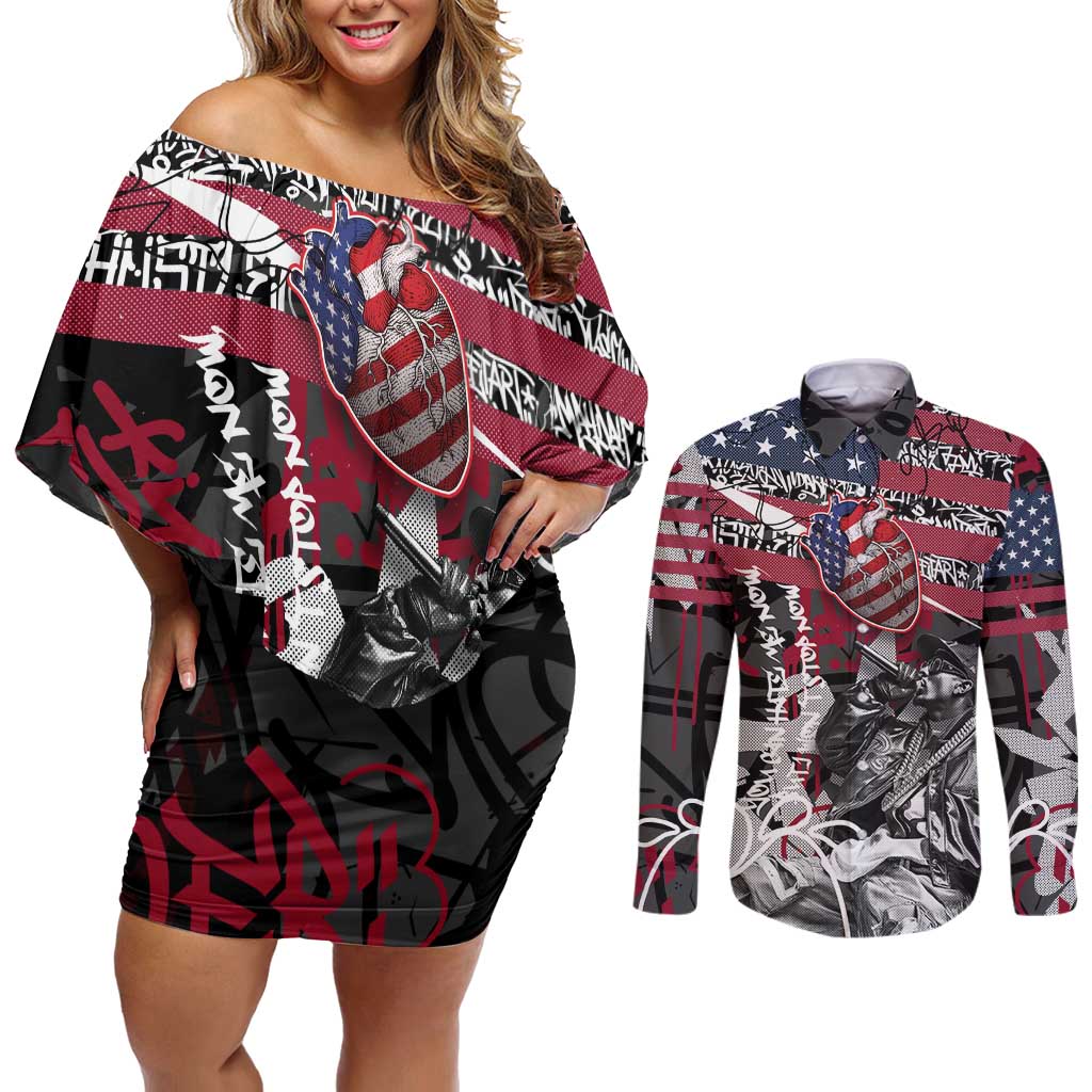 Hip Hop Graffiti Couples Matching Off Shoulder Short Dress and Long Sleeve Button Shirt with Rapper Portrait and American Flag Street Art - Wonder Print Shop