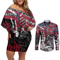 Hip Hop Graffiti Couples Matching Off Shoulder Short Dress and Long Sleeve Button Shirt with Rapper Portrait and American Flag Street Art - Wonder Print Shop