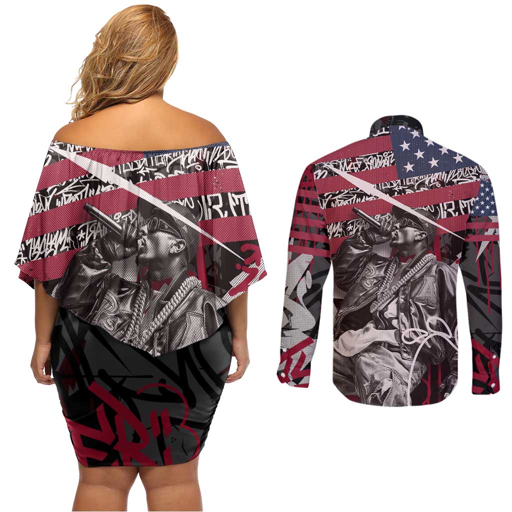 Hip Hop Graffiti Couples Matching Off Shoulder Short Dress and Long Sleeve Button Shirt with Rapper Portrait and American Flag Street Art - Wonder Print Shop