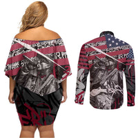 Hip Hop Graffiti Couples Matching Off Shoulder Short Dress and Long Sleeve Button Shirt with Rapper Portrait and American Flag Street Art - Wonder Print Shop