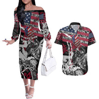 Hip Hop Graffiti Couples Matching Off The Shoulder Long Sleeve Dress and Hawaiian Shirt with Rapper Portrait and American Flag Street Art - Wonder Print Shop