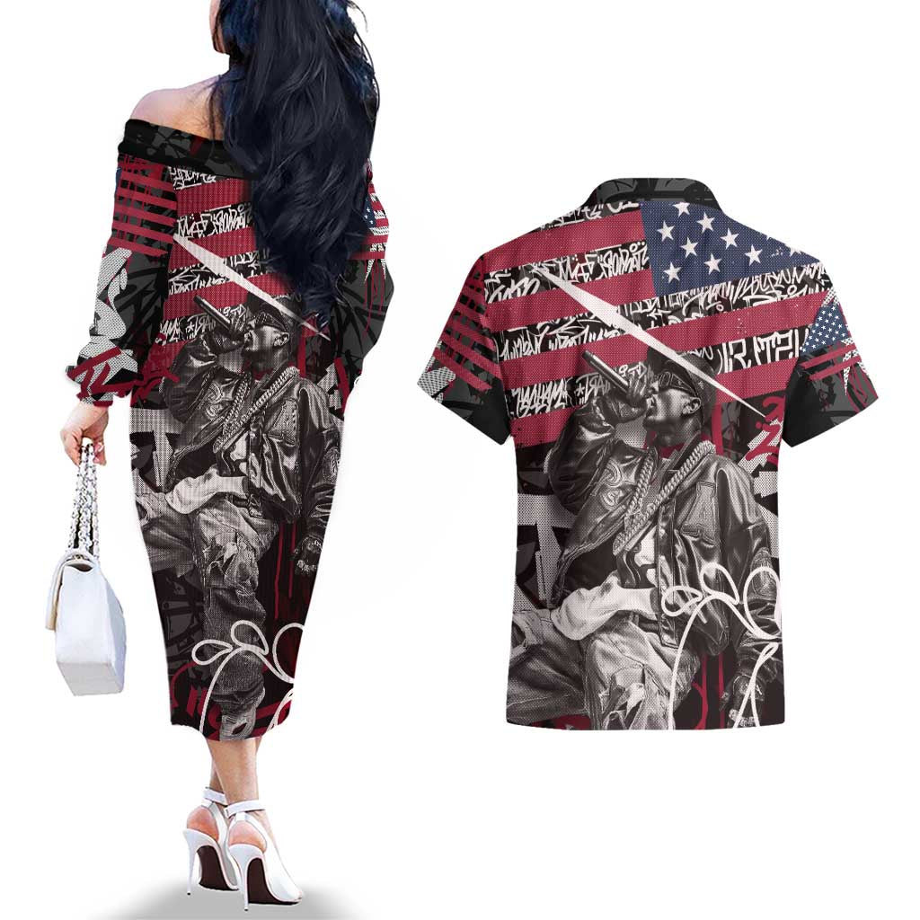 Hip Hop Graffiti Couples Matching Off The Shoulder Long Sleeve Dress and Hawaiian Shirt with Rapper Portrait and American Flag Street Art - Wonder Print Shop