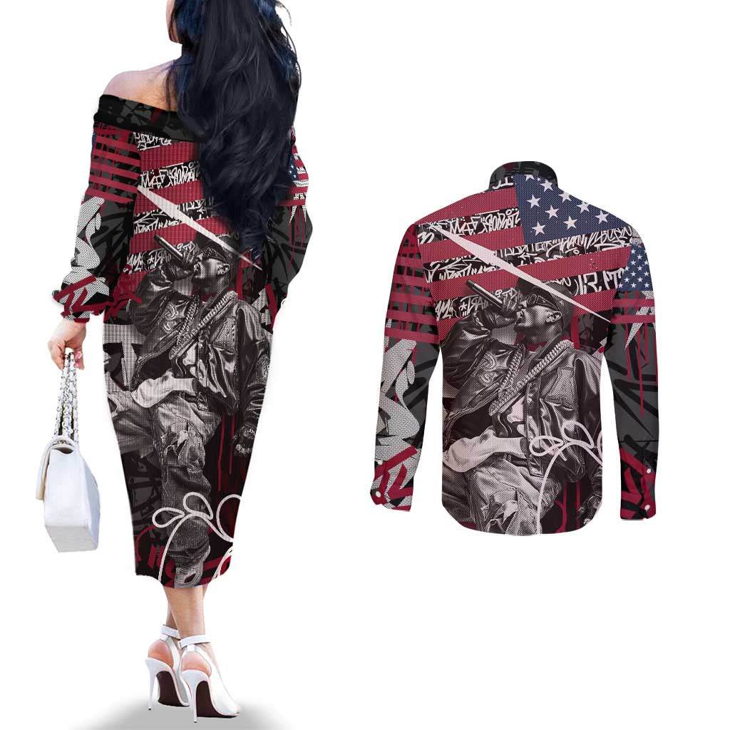 Hip Hop Graffiti Couples Matching Off The Shoulder Long Sleeve Dress and Long Sleeve Button Shirt with Rapper Portrait and American Flag Street Art - Wonder Print Shop
