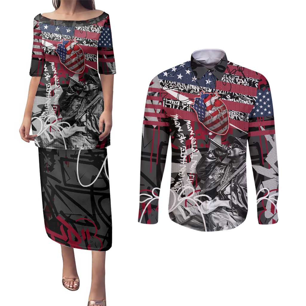 Hip Hop Graffiti Couples Matching Puletasi and Long Sleeve Button Shirt with Rapper Portrait and American Flag Street Art - Wonder Print Shop