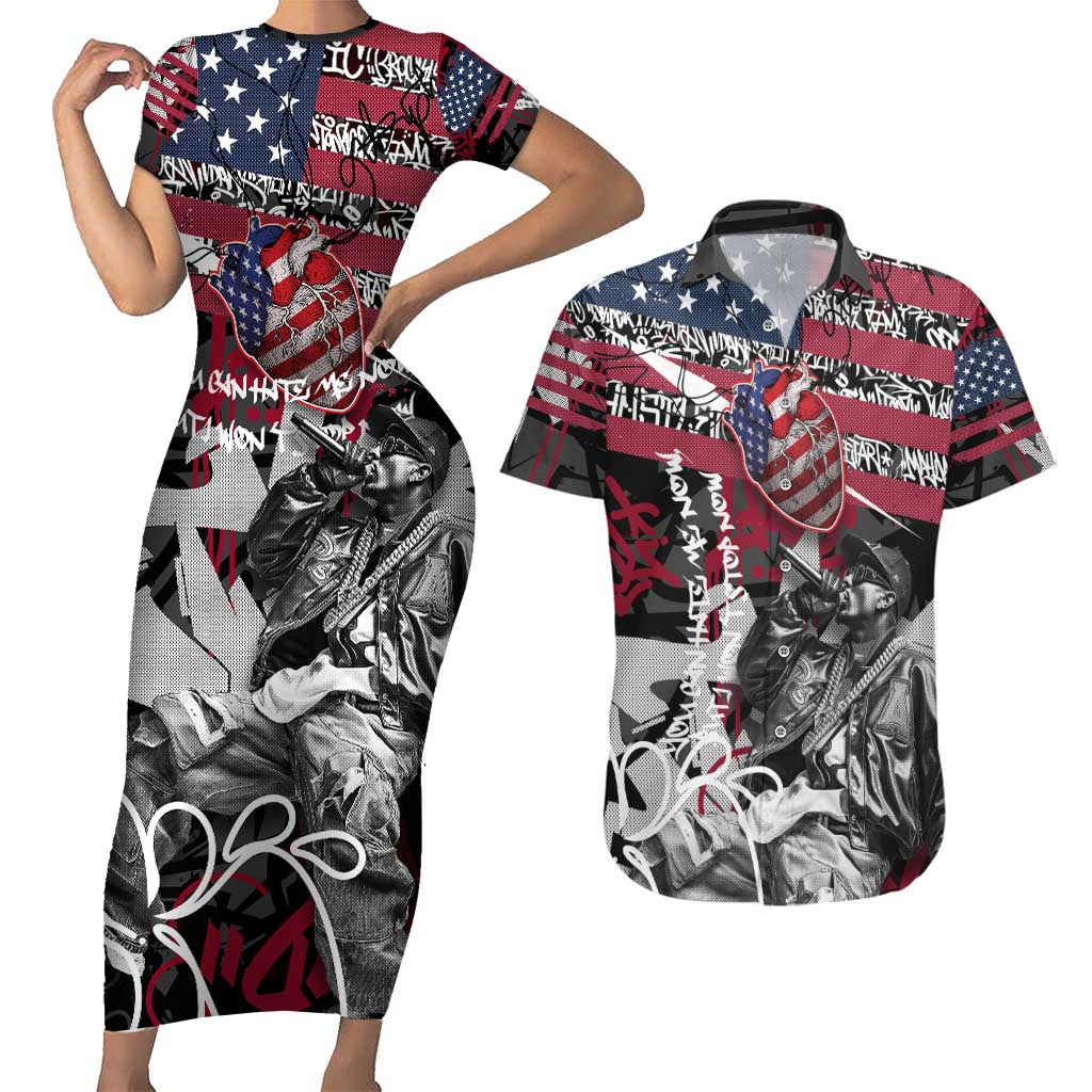 Hip Hop Graffiti Couples Matching Short Sleeve Bodycon Dress and Hawaiian Shirt with Rapper Portrait and American Flag Street Art - Wonder Print Shop
