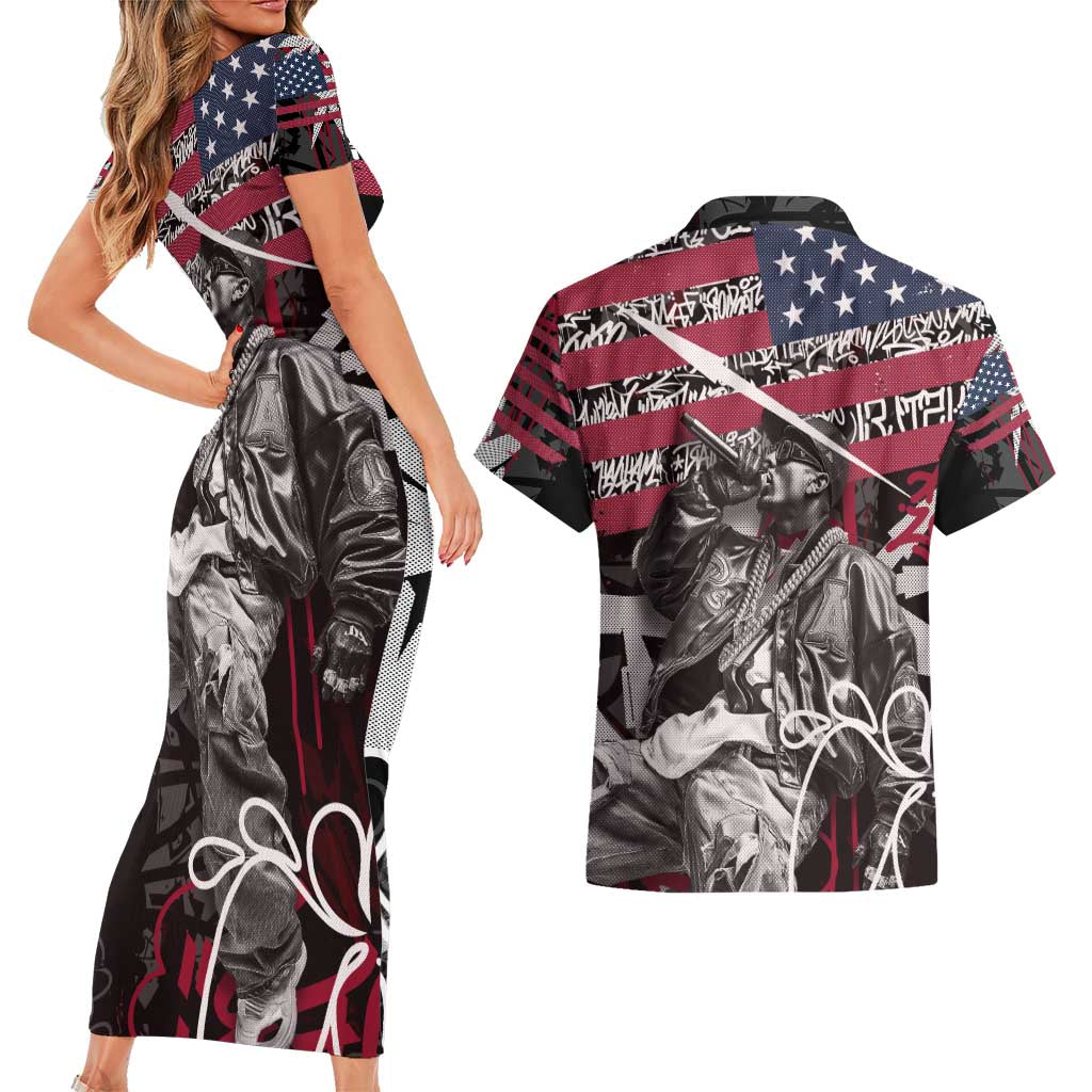 Hip Hop Graffiti Couples Matching Short Sleeve Bodycon Dress and Hawaiian Shirt with Rapper Portrait and American Flag Street Art - Wonder Print Shop