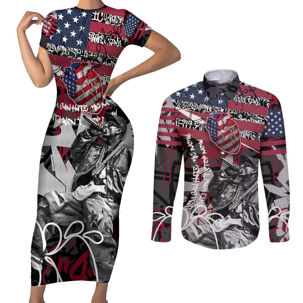 Hip Hop Graffiti Couples Matching Short Sleeve Bodycon Dress and Long Sleeve Button Shirt with Rapper Portrait and American Flag Street Art - Wonder Print Shop
