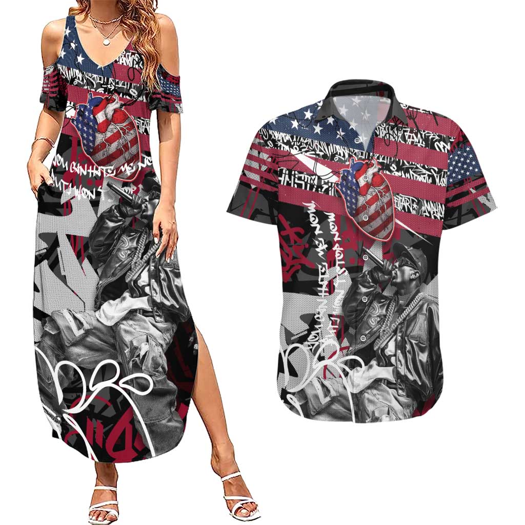 Hip Hop Graffiti Couples Matching Summer Maxi Dress and Hawaiian Shirt with Rapper Portrait and American Flag Street Art - Wonder Print Shop