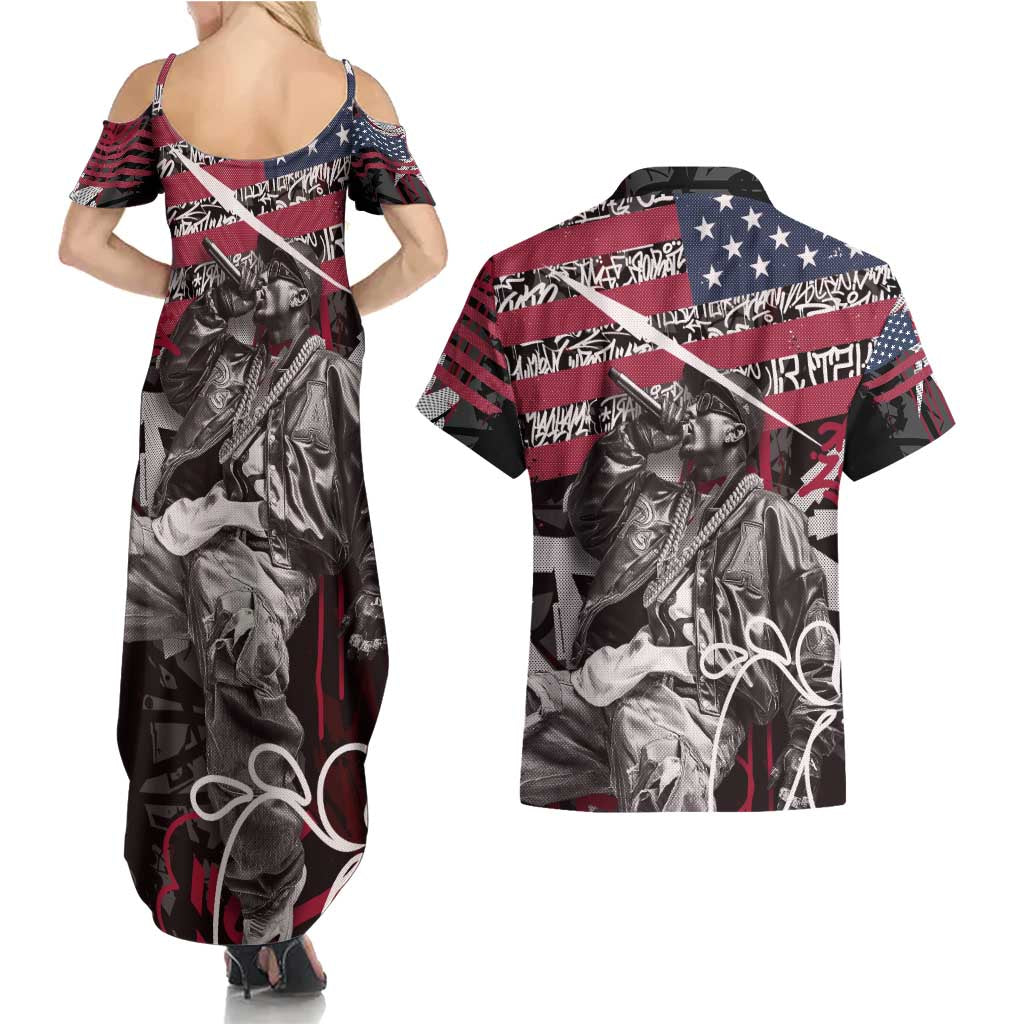 Hip Hop Graffiti Couples Matching Summer Maxi Dress and Hawaiian Shirt with Rapper Portrait and American Flag Street Art - Wonder Print Shop