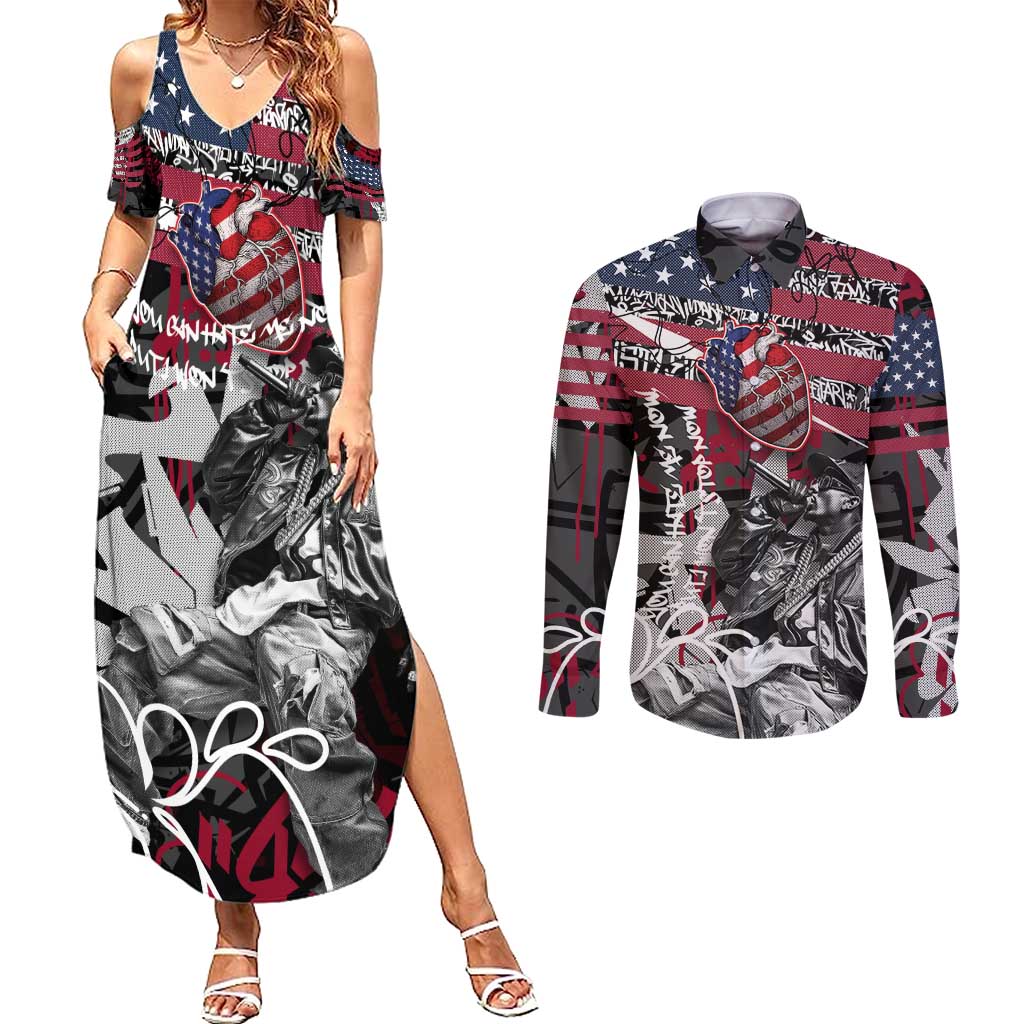 Hip Hop Graffiti Couples Matching Summer Maxi Dress and Long Sleeve Button Shirt with Rapper Portrait and American Flag Street Art - Wonder Print Shop